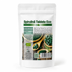 Spirulina tablete BIO 500mg, 500 buc (250g) — doypack alb opac stand-up cu eticheta completă, tablete Arthrospira platensis, Biovicta