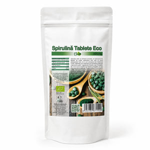 Spirulina tablete BIO 500mg, 300 buc — doypack alb opac stand-up cu eticheta completă, supliment alge, Biovicta