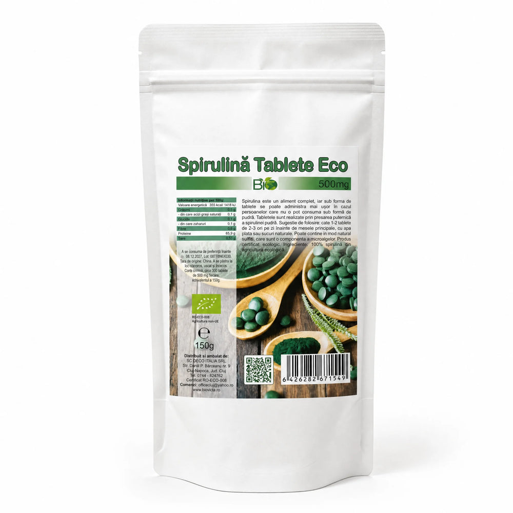 Spirulina tablete BIO 500mg, 300 buc — doypack alb opac stand-up cu eticheta completă, supliment alge, Biovicta