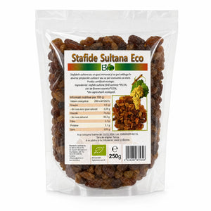 Stafide Sultana aurii BIO 250g — pungă transparentă stand-up doypack sealed cu stafide aurii, eticheta completă, origine Turcia, Biovicta