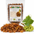 Stafide Sultana aurii BIO 250g — stafide aurii și ramură de viță cu struguri verzi, prezentare lifestyle, Biovicta