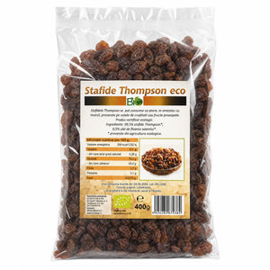 Stafide Thompson BIO 400g — pungă transparentă cu stafide, eticheta completă, origine Uzbekistan, Biovicta