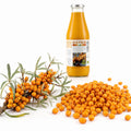 Suc de cătină 100% BIO, 750ml — cătină proaspătă pe ramură și în vrac, prezentare lifestyle, Biovicta