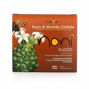 Suc de Noni 100% Morinda Citrifolia ForLive, 28 plicuri x 30ml = 840ml total, cutie cu fruct noni desenat