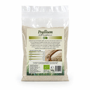 Tărâțe de psyllium pulbere BIO 150g — pungă transparentă cu pulbere psyllium, eticheta completă, fibră India, Biovicta