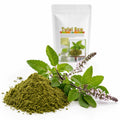 Tulsi pulbere BIO 250g — pudră verde și ramură de tulsi proaspăt, prezentare lifestyle, Biovicta