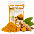 Turmeric Curcuma BIO 100g — pulbere portocalie și rădăcină proaspătă (sursa naturală), prezentare lifestyle, Biovicta