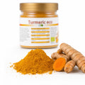 Turmeric (curcuma) pulbere, BIO 130g — pulbere de turmeric și rizomi proaspeți de curcuma, prezentare lifestyle, Biovicta
