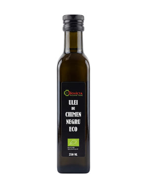 Ulei de chimen negru BIO 250ml Biovicta, presat la rece din semințe de Nigella sativa, eticheta față cu certificare ecologică RO-ECO-008