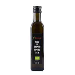 Ulei de chimen negru BIO 250ml Biovicta, presat la rece din semințe de Nigella sativa, eticheta față cu certificare ecologică RO-ECO-008