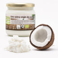 Ulei de cocos extravirgin presat la rece BIO 300ml — ulei cocos solid și nucă cocos proaspătă, prezentare lifestyle, Biovicta