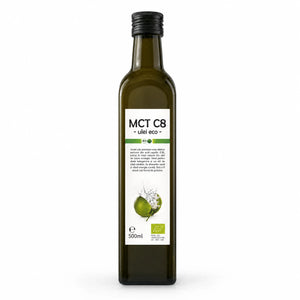 Ulei MCT C8 BIO 500ml Biovicta, 95% acid caprilic din nucă de cocos din Sri Lanka, presat la rece, eticheta față cu certificare ecologică