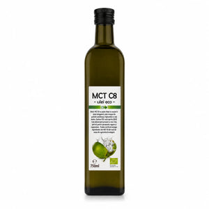Ulei MCT C8 BIO 750ml Biovicta, 95% acid caprilic din nucă de cocos din Sri Lanka, presat la rece, eticheta cu certificare ecologică RO-ECO-008