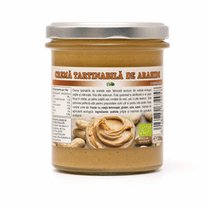Unt de arahide BIO 350g — borcan sticlă cu capac argintiu metalic, eticheta completă, ecologic, Biovicta