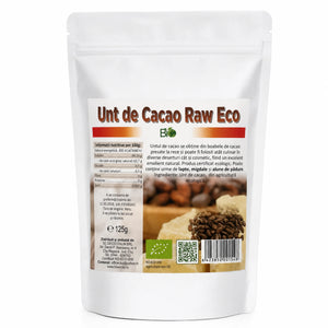 Unt de cacao RAW BIO 125g Biovicta, presat la rece din boabe de cacao din Peru, eticheta cu certificare ecologică RO-ECO-008