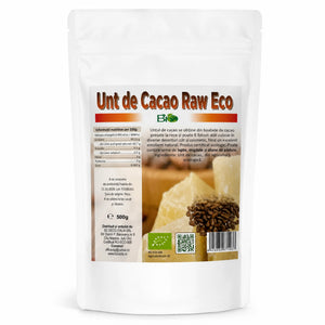 Unt de cacao RAW BIO 500g Biovicta, presat la rece din boabe de cacao din Peru, eticheta cu certificare ecologică RO-ECO-008