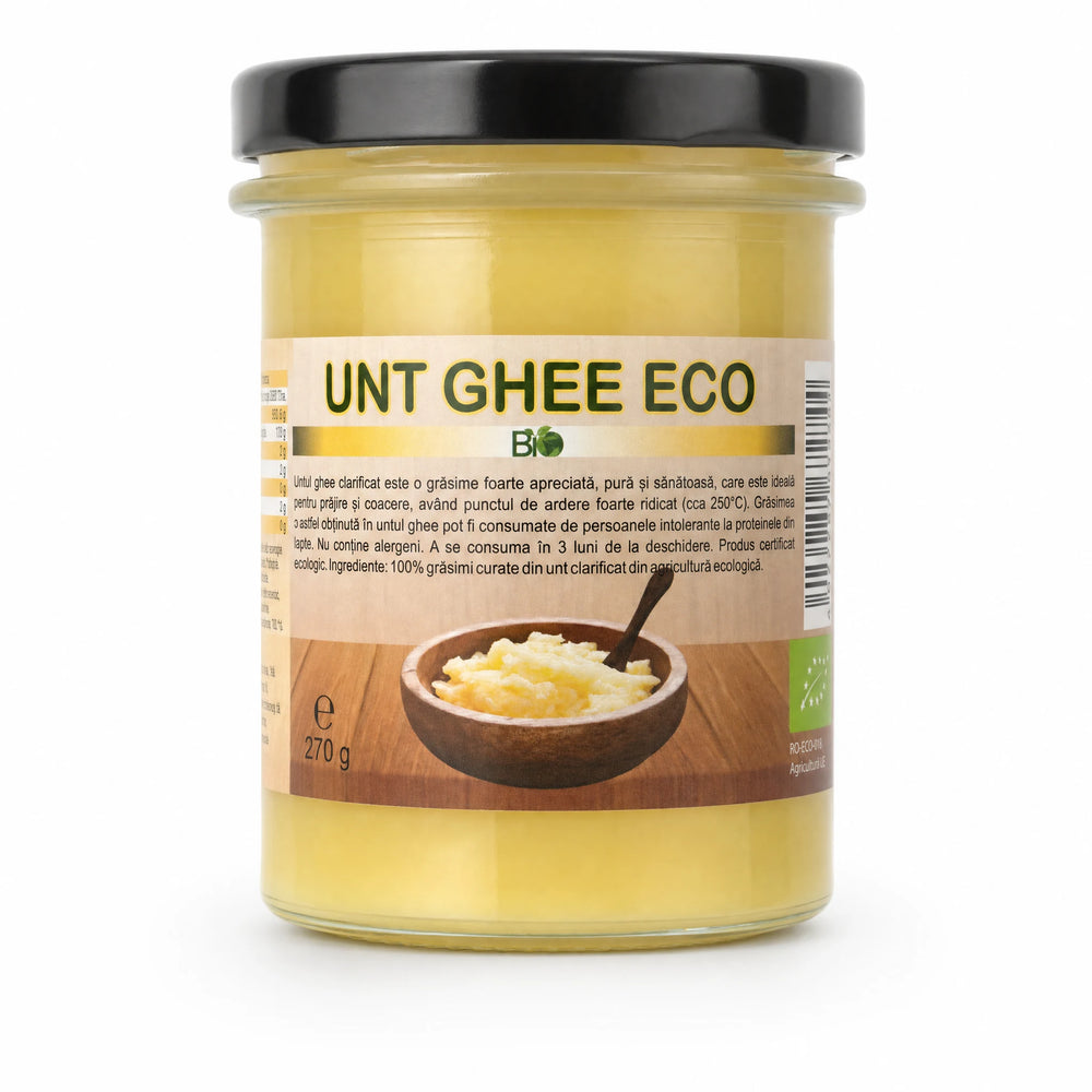 Unt Ghee BIO 270g — borcan de sticlă cu eticheta completă, unt clarificat ecologic, Biovicta