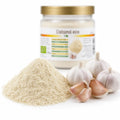 Usturoi pudră BIO 130g — pudra și bulbii de usturoi în prim plan, prezentare lifestyle, Biovicta