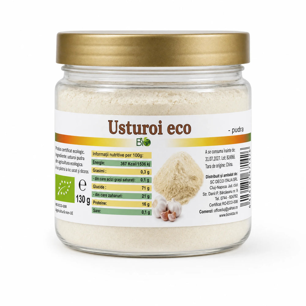 Usturoi pudră BIO 130g — borcan transparent cu pudră de usturoi, etichetă completă, Biovicta