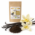 Vanilie bourbon BIO 15g — pudră și păstăi de vanilie cu flori de orhidee, prezentare lifestyle, Biovicta