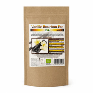 Vanilie bourbon BIO 15g — pungă kraft brună cu eticheta completă, condiment ecologic Sri Lanka, Biovicta