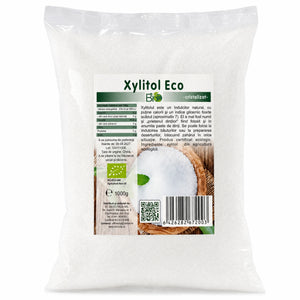 Xylitol cristalizat BIO 1Kg — pungă transparentă cu cristale, eticheta completă, îndulcitor natural, Biovicta