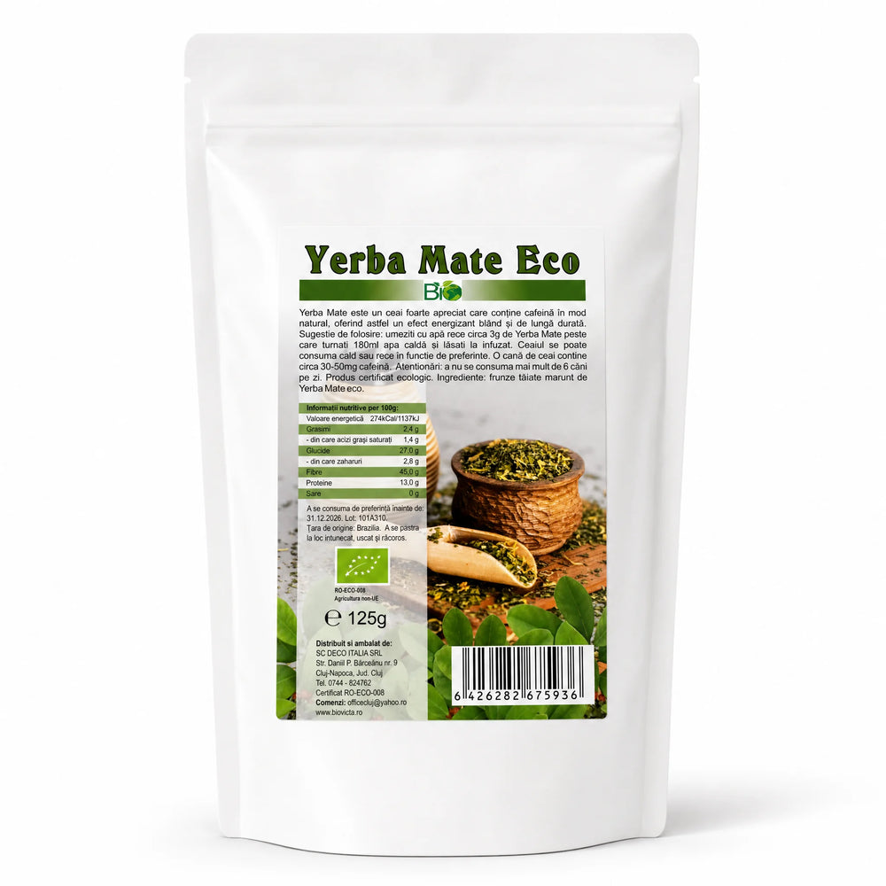 Yerba Mate BIO 125g — pungă doypack cu eticheta completă, ceai energizant natural, origine Brazilia, Biovicta
