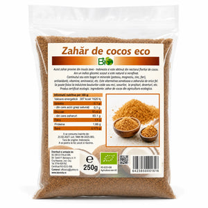 Zahăr de cocos BIO 250g — pungă cu eticheta completă, descriere origine Java Indonezia, valori nutriționale, Biovicta
