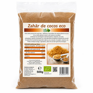 Zahăr de cocos BIO 500g — pungă cu eticheta completă, descriere origine Java Indonezia, valori nutriționale, Biovicta