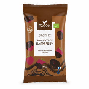 Zmeură în ciocolată raw BIO, 50g — pungă Foodin cu eticheta completă, snack ecologic Finlanda, Biovicta